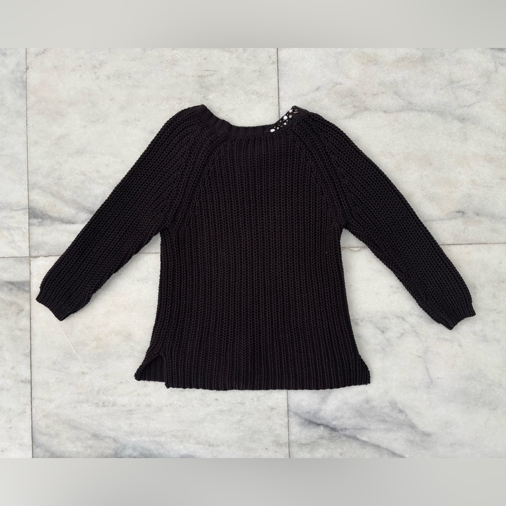 August Moon Sweater Black Embellished Open Chunky Knit Cotton Blend Women Medium - Picture 2 of 9